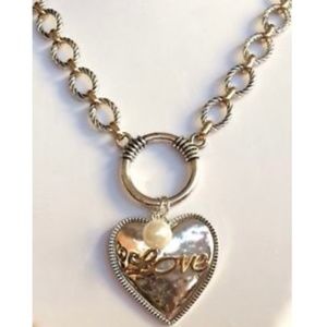 Silver Gold Heart Necklace Pearl Message 30" Chain Plus Size BIG Chunky Bold